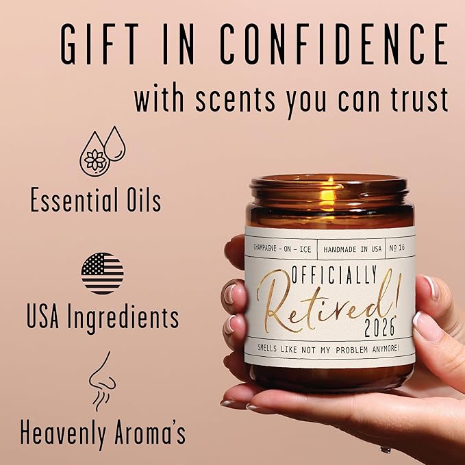 Retirement Gift for Woman - 'Officially Retired 2026' Candle, w/Champagne on Ice I Happy Retirement Gifts for Women 2025 I Retired Gifts for Women I 50Hr Burn, Made in USA