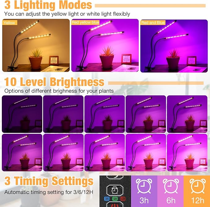 zyzykeji LED Grow Lights (2 Packs), 2 Heads Red Blue White Full Spectrum Plant Light with Clamp for Indoor Plants & Seed Starting, 10-Level Dimmable, Auto On Off, Timing 4 6 12Hrs