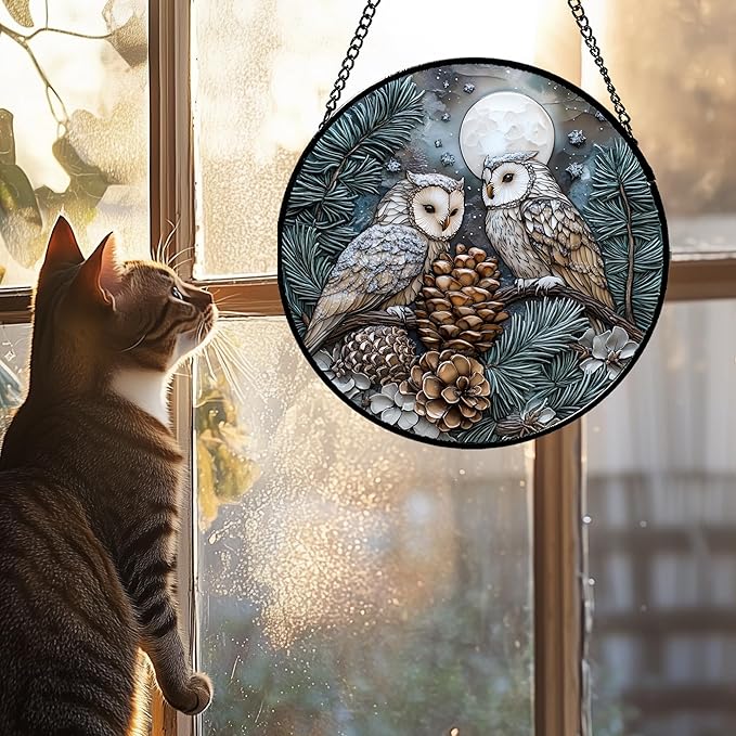 Stained Glass Window Hanging - Owl On A Tree Suncatcher for Doors Garden Patio Winter Scene Sun Catchers Decor Christmas Mother's Day Birthday Gifts for Women Men Mom Nana Friend 7.8 in