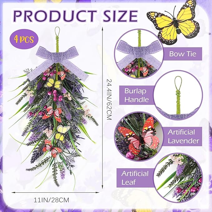 4 Pcs 22" Artificial Lavender Teardrop Swag Wreaths for Front Door Spring Summer Butterfly Berries Wreath Purple Floral Hanging Wreath for Farmhouse Home Porch Wall Window Festival Wedding Decor