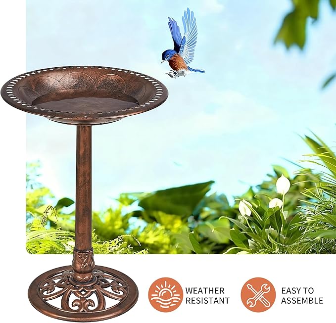 VECELO 28" Pedestal Outdoor Bird Bath for Outside, Vintage Bronze Polyresin Lightweight Antique, Yard/Garden Decoration, Bronze