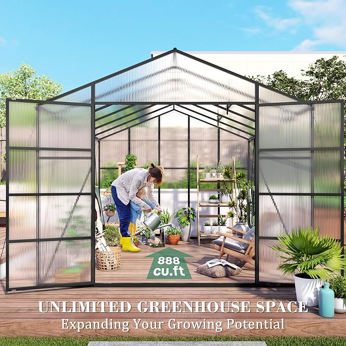 KEIKI 10x12 FT Polycarbonate Greenhouse for Outdoors, Heavy-Duty Aluminum Walk-in Greenhouse with Raised Base, Roof Vent & Drainage System, All-Season Garden Greenhouse, Black