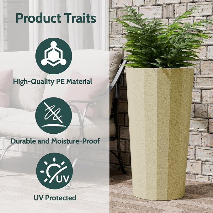 Diyfire 2PCS Tall Planters for Outdoor Plants, 23.6 Inches Large Outdoor Conical Flower Pots for Porch with Drainage Holes and Drainage Baffle, Tapered Large Planters for Garden, Balcony Use, Beige