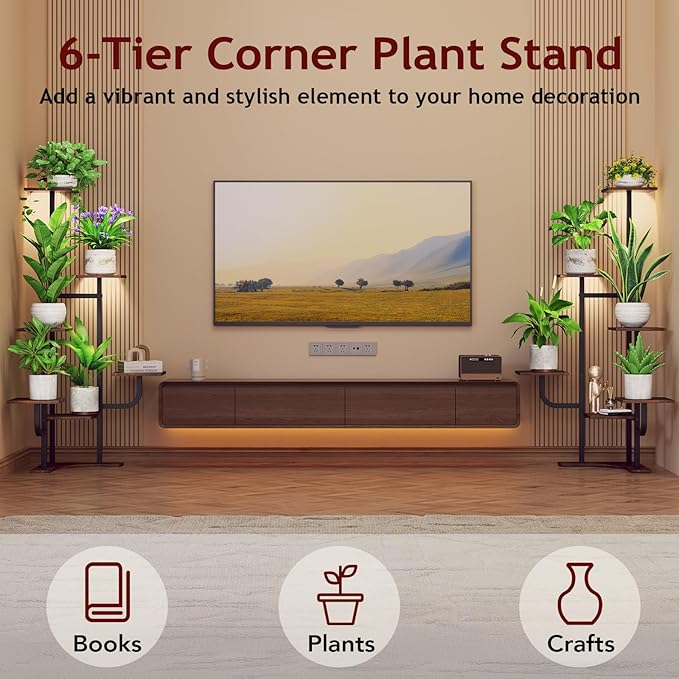 Homsorout Corner Plant Stand with Grow Light - 6 Tier Plant Stand Indoor Square Metal Plant Shelf with Adjustable Light, Plant Organizer for Living Room, Graden, Home Decor (Brown)