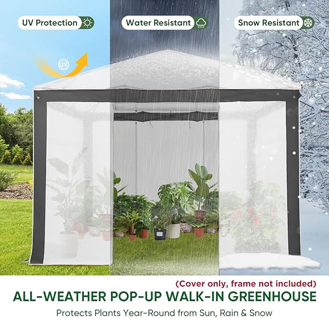 EAGLE PEAK Replacement Cover for 10x10 Pop up Greenhouse with Polyester Reinforced Corners, Front and Rear Roll-Up Zipper Entry Doors and 2 Large Roll-Up Side Windows (Frame Not Included), Gray/White