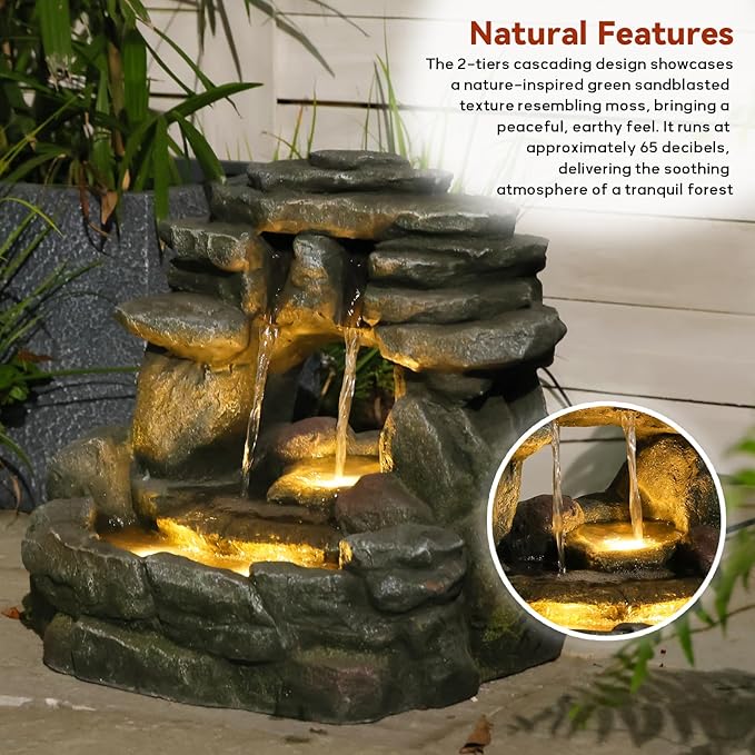 15.6" H Small Garden Outdoor Rock Water Fountain with LED Lights, 3-Tier Cascading Waterfall Fountain for Patio, Porch, Backyard & Indoor Home Decor