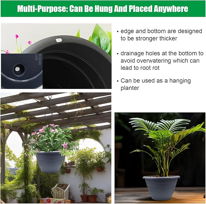 RooTrimmer Plant Pots Set of 5,10 Inch Plastic Planters with Drainage Holes,Durable Indoor & Outdoor Flower Pots for Garden,Home & Patio,Gray