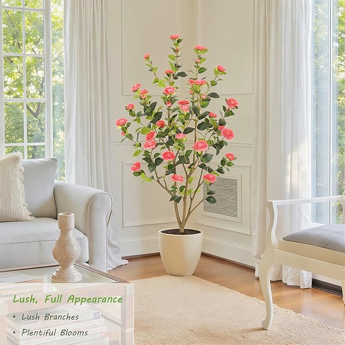 Nafresh 5FT Lush Artificial Pink Camellia Tree Outdoor 2 Pack, 60inch Faux Camellia Plant, Fake Camellia Flowers Tree for Indoor Outdoor Living Room Home Patio Front Door Garden Decor