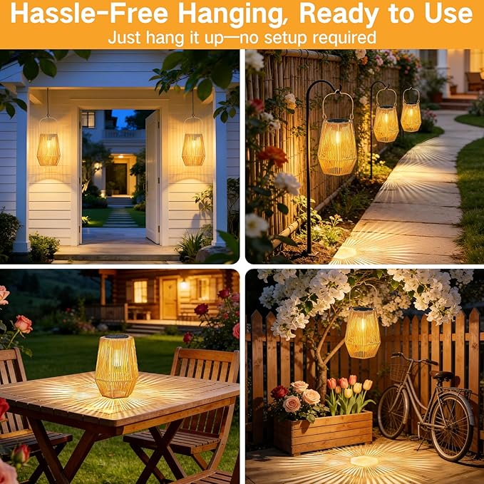 2 Pack Solar Lanterns Outdoor Waterproof, Hanging Rattan Woven Solar Lights with Auto On/Off, Decorative Gifts for Garden, Yard, Patio, Tree, Porch, Lawn, Pathway & Outside Tabletop Decor