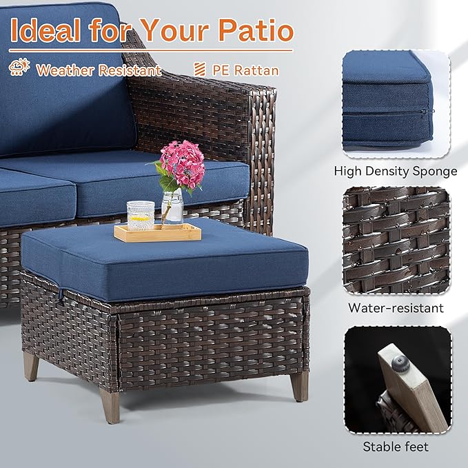 Joyside Patio Ottoman Set of 2, All Weather Outdoor Rattan Ottomans Patio Footstools with Removable Cushions for Garden Backyard Porch (Beige)