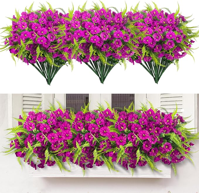 HIAGROW Artificial Flowers Outdoors 12 Bundles Artificial Petunias Fake Flowers UV Resistant Shrubs Plants with Fern for Indoor Outside Hanging Planters Home Garden Summer Decorations (Magenta)