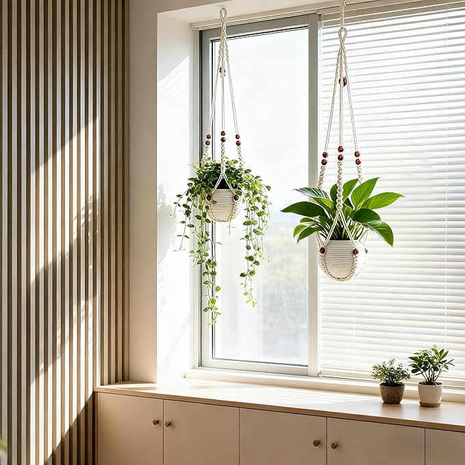 HOREAKHJ 35 Inch Macrame Plant Hanger, Large for up to 15 Inch Pot Extra Long Hanging Planter Holder Basket with Wood Beads for Indoor Outdoor Home Decor (Ivory, 1-Pack)