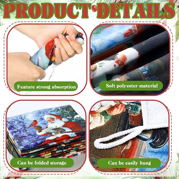 Bencailor 16 Pcs Christmas Kitchen Towels Santa Claus Hand Dish Towels Soft Absorbent Vintage Xmas Tea Dishcloths for Christmas Holiday Kitchen Bathroom Home Decor Gifts