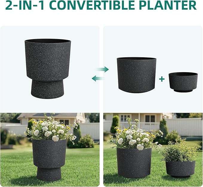 Ultym 16.75"H Urn-Style Tall Planters, 2-Pack Modern Large Flower Pots for Outdoor Indoor, 2-in-1 Design Plant Containers for Garden Patio Yard Balcony Porch or Home Decor, White Terrazzo, UV-Protect