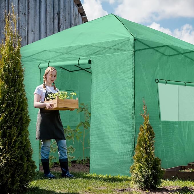 EAGLE PEAK Instant Pop-up Greenhouse, Indoor Outdoor Plant Gardening Green House, Roll-Up Zipper Doors and Side Windows, Walk in 10x10 ft, Green/Clear