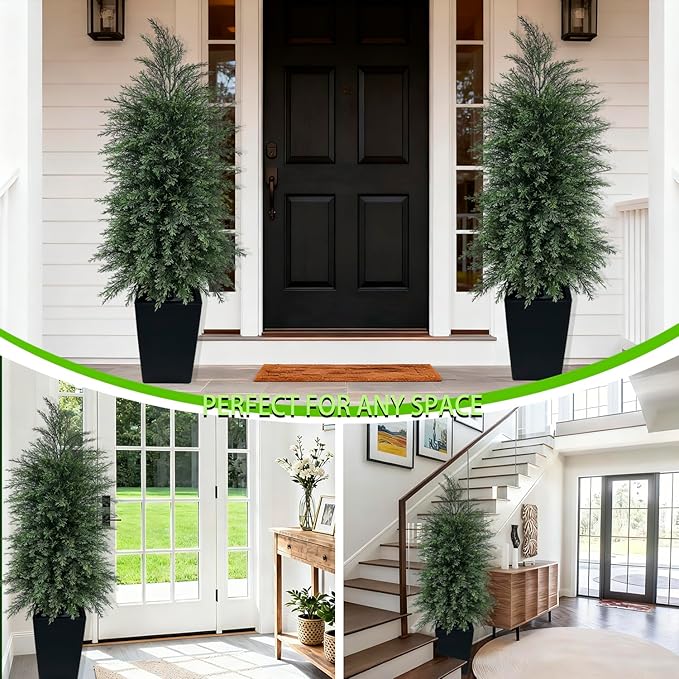 5FT Artificial Topiary Tree with Tall Black Planter Beautiful Realistic Faux Cedar Pines Christmas Trees UV Rated Fake Shrubs for Front Porch Faux Plants Indoor and Outdoor Decor (1 Pack)