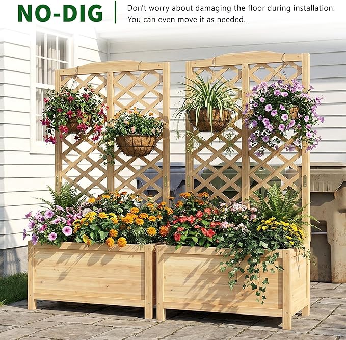 Wooden Raised Garden Bed with Trellis, Freestanding Planter Box with Drainage for Vines Climbing Plants Flowers Herbs, Elevated Gardening Planter for Backyard Balcony Patio