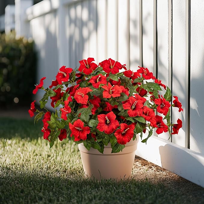 Brlita 19 Inch Artificial Flowers for Outdoor Indoor Garden Home Decoration,Faux Flower for Home Office Garden Patio Balcony 4 Bundles (Red)