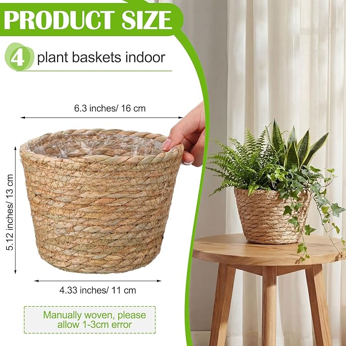 4 Pcs Straw Plant Baskets Indoor Rattan Woven Flower Baskets with Plastic Liner, Cattail Plant Planter for Indoor Outdoor Rustic Boho Home Farmhouse Floor Potted Pots Decor