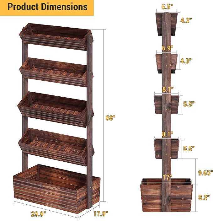 Vertical Wooden Raised Garden Bed Planters Wood Planter Kit Plant Stand Flower Rack Planter Box Gardening Plants Herbs Flowers Vegetables Outdoor Indoor Freestanding (Carbonized 5-Tier)