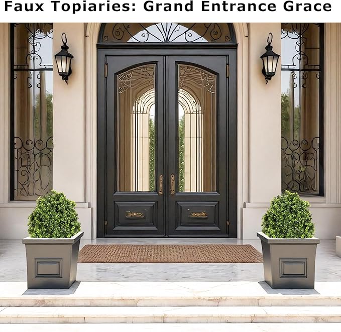 Azoco 27“ Realistic Artificial Boxwood Topiary Trees Set of 2, Faux Boxwood Plants Outdoor UV-Resistant, No Maintenance Curb Appeal Fake Evergreen Bushes & Shrubs for Front Porch Outside Planter Decor