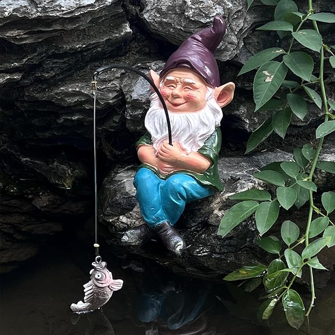 Fishing Gnome Outdoor Statue Garden Decor, Garden Gnomes Decoration for Yard, 9.7” Fishing Gnomes Statue Outdoor Garden Decor, Fishing Guy for Waterfalls or Koi Pond Decor, Gifts for Women