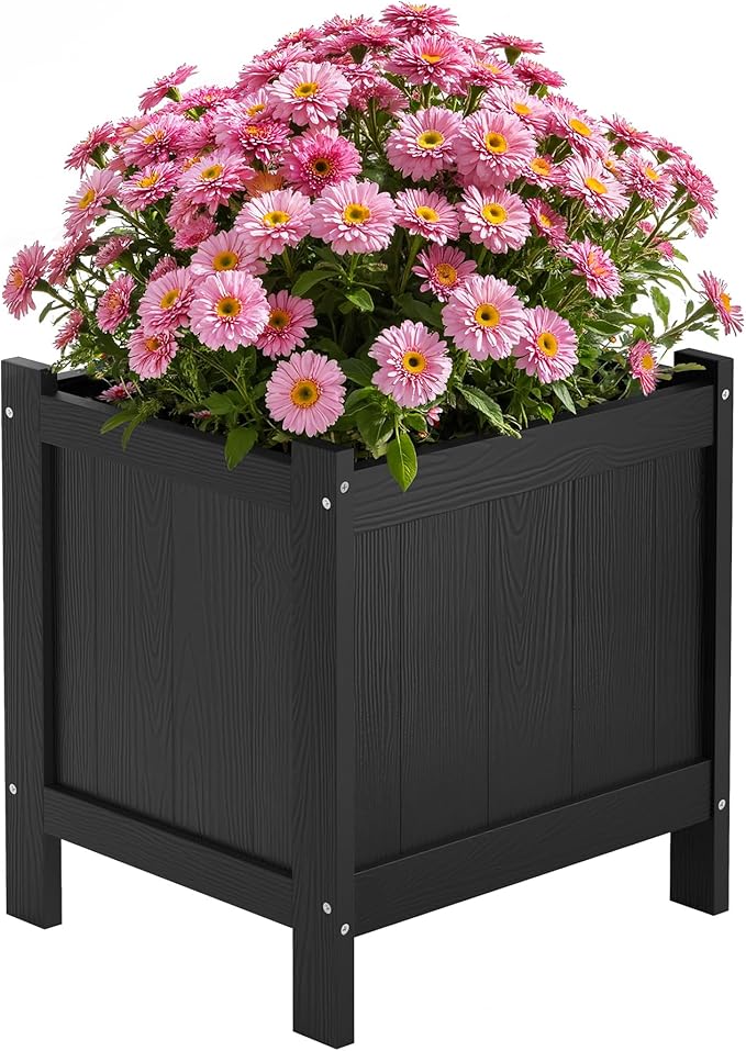 LUE BONA Outdoor Plant Pots, 13.7" x 12.5" x 14.5" Flower Pots with Drainage Holes, Outdoor Planters Boxes for Outdoor Plants - Porch Patio, Garden or Entryway, Black