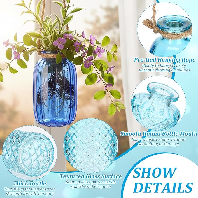 Teecyhooo 6 Pcs Stained Glass Hanging Vases Colorful Glass Terrariums with Rope Small Hanging Planters Pot Containers for Air Plants Flowers Garden Home Wedding Decor(Blue Series)