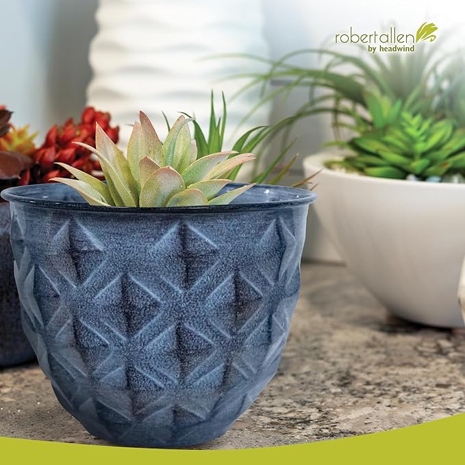 Headwind Glazed Ironstone Diamonte Collection – Capri Blue 8-Inch Decorative Plant Pot, Indoor & Outdoor, Vintage Diamond-Textured, Lightweight & Weather-Resistant for Garden Use by Robert Allen