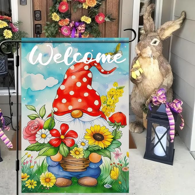 Easter Garden Flag 12x18 Inch Double Sided Cute Gnome Garden Flags Spring Gnome and Flowers Theme Yard Flag Polyester Yard Decoration for Outdoor Lawn and Patio