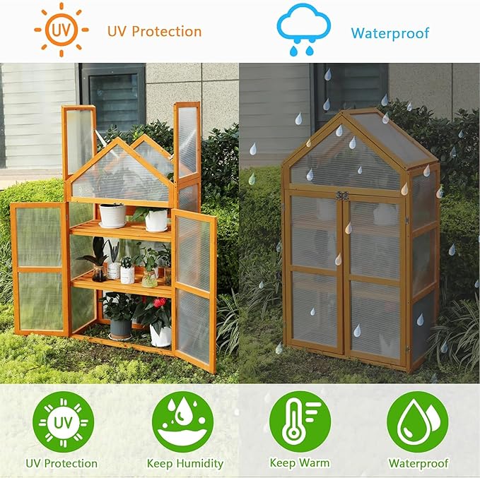 LYNSLIM Wooden Greenhouse, Raised Flower Planter Shelf with Transparent Flip-Top Roof, Cold Frame Green House for Outdoor, Mini Greenhouse Cabinet for Outside 29” W x 15”D x 50” H