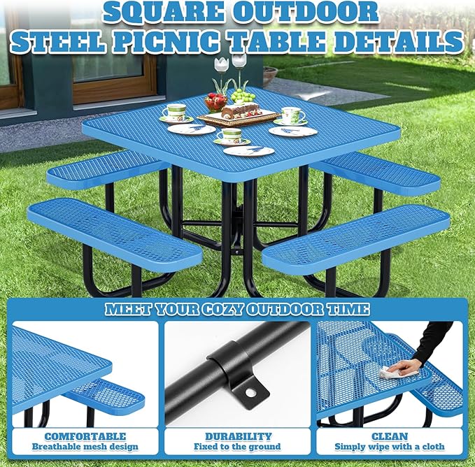 46" Square Top Outdoor Picnic Table Set for Up to 8 Persons, Outside Table Set with 4 Built-in Benches, Metal Commercial Grade Dining Furniture with Umbrella Hole for Garden, Backyard, Patio, Blue