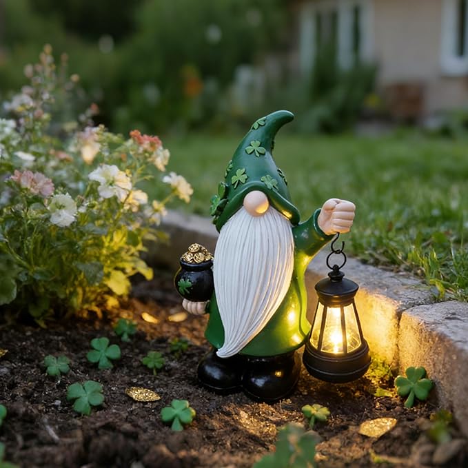 St Patrick's Day Gnome Decorations Outdoor, Solar Leprechaun Decor with Pot of Gold, Resin Figurine with Shamrocks & Solar Light for Garden Patio, Holiday Gift for Luck and Fortune