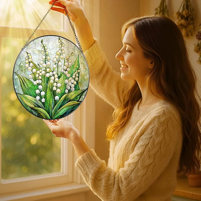 LAOWEIKI 8'' Lily of the Valley Sun Catcher Ornament, Stained Glass Window Hanging, Suncatchers for Windows Hanging Ornaments, Window Decor | Flower Lover Gift, Mother's Day, Christmas, Birthday Gifts