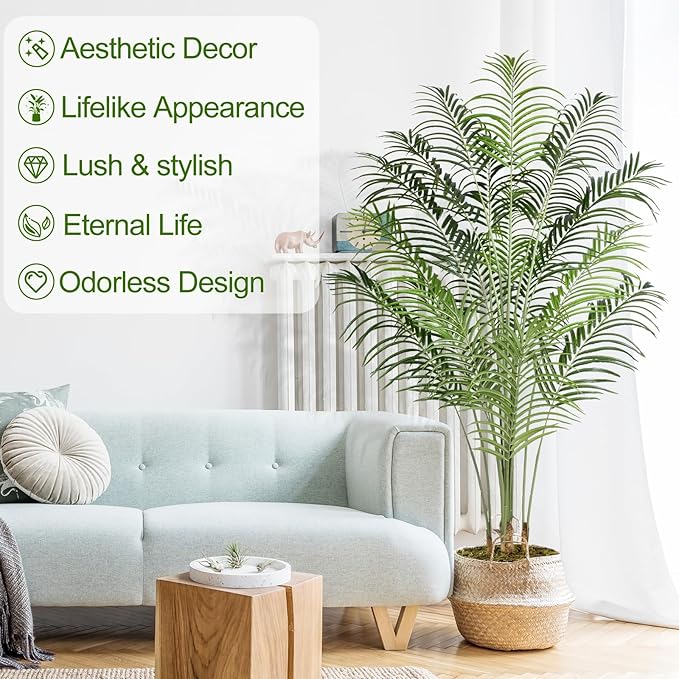 Artificial Palm Tree 6.5ft Tall Fake Palm Tree Indoor Decor with 18 Trunks and Real Bark Design Faux Tropical Areca Palm Silk Floor Plant in Pot for Home Office Living Room Bedroom Decor 1pcs