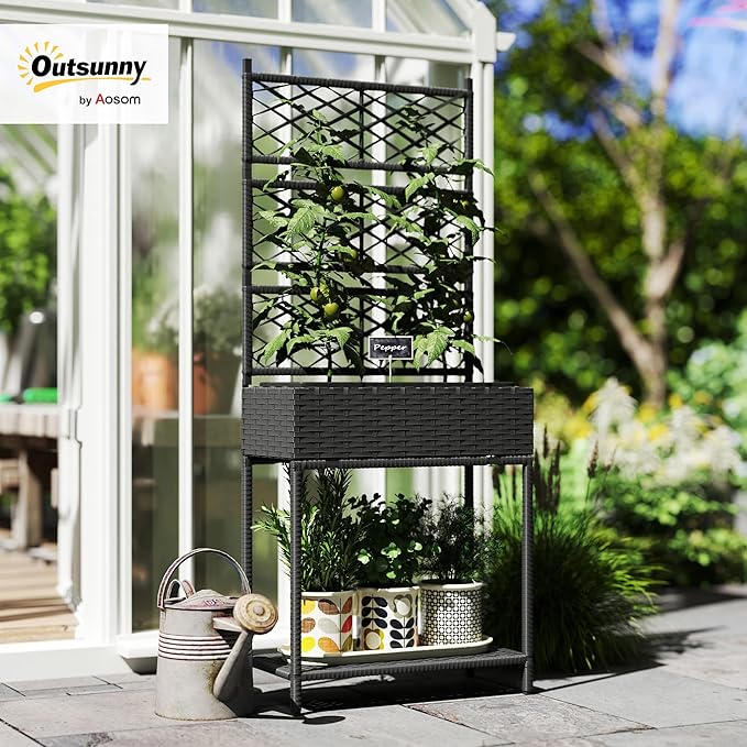 Outsunny Raised Garden Bed with Trellis, Outdoor Wicker Planter, Freestanding Rattan Planter Stand with Storage Shelf for Climbing Plants, Flowers, Herbs, Vegetables, Black