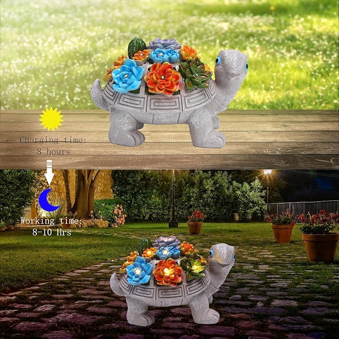 Solar Garden Turtle Statues 7 LED Lights Outdoor Decor Turtle with Succulent Resin Sculpture Patio Porch Balcony Yard Lawn Art Decor Birthday Father's Day Gifts for Women Grandma Housewarming Gifts