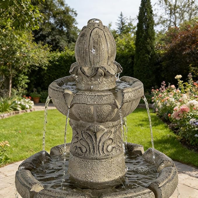 52" H 3-Tier Outdoor LED Garden Fountain, Large Floor Standing Cascading Waterfall with Bubbler Design, Resin Water Feature for Patio Yard Garden, Gray
