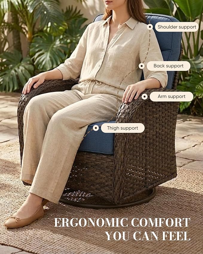 Belord Upgraded 6“ Cushion Luxury 11 Piece Patio Furniture Set - Wicker Outdoor Conversation Set with Swivel Rocker Patio Chairs, High Back Outdoor Furniture for Deck Porch Yard - Brown/Blue