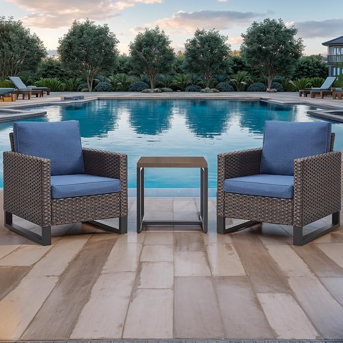 Rilyson Wicker Outdoor Patio Chairs Set of 2-2 Piece Rattan Chairs with Waterproof Wicker,Comfortable Cushions and Sturdy Metal Frame for Outside Porch Deck Backyard(Brown/Blue)