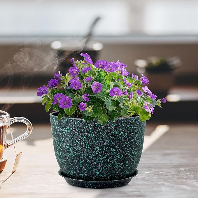 Meowell 12 inch Large Plant Pots, Plastic Planters with Drainage Holes and Saucers, Flower Pots for Indoor Outdoor Plants, Decorative Pots for Garden House Plants, Black with Green Speckles