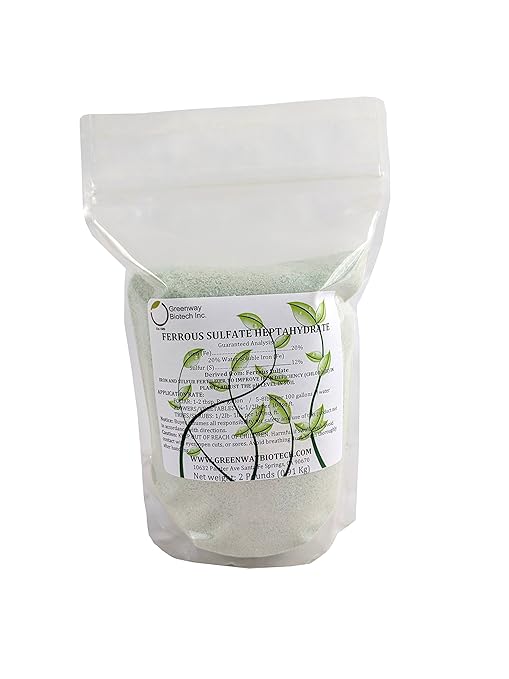 Greenway Biotech, Inc. Ferrous Sulfate Heptahydrate Fertilizer Includes 20% Iron (Fe) 12% Sulfur & 100% Water Soluble Powder- Organic Lawn Fertilizer for Vegetables and Plant Growth - 2 Pounds