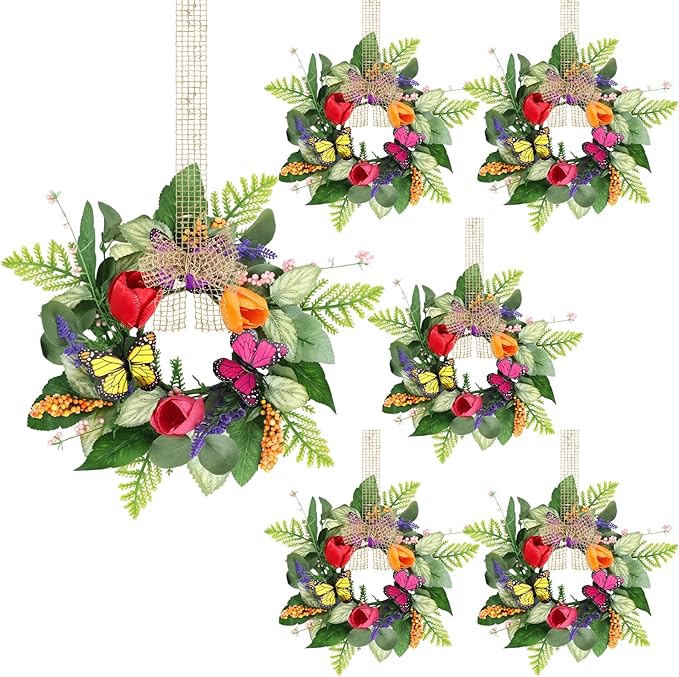 6 PCS Mini Spring Summer Kitchen Cabinet Wreaths Small Butterfly Tulip Lavender Eucalyptus for Front Door with Ribbon Berry Spring Floral Silk Flowers Wreath for Porch Wall Window Farmhouse Decor