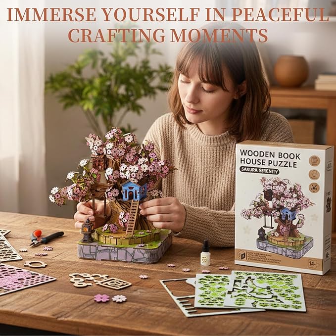 Sakura Tree House DIY Miniature Kit, 3D Wooden Puzzle Japanese Cherry Blossom Model, Bonsai Craft Building Set for Adults,Craft Kits for Adults,Unique Home Decor Gift for Family & Friends