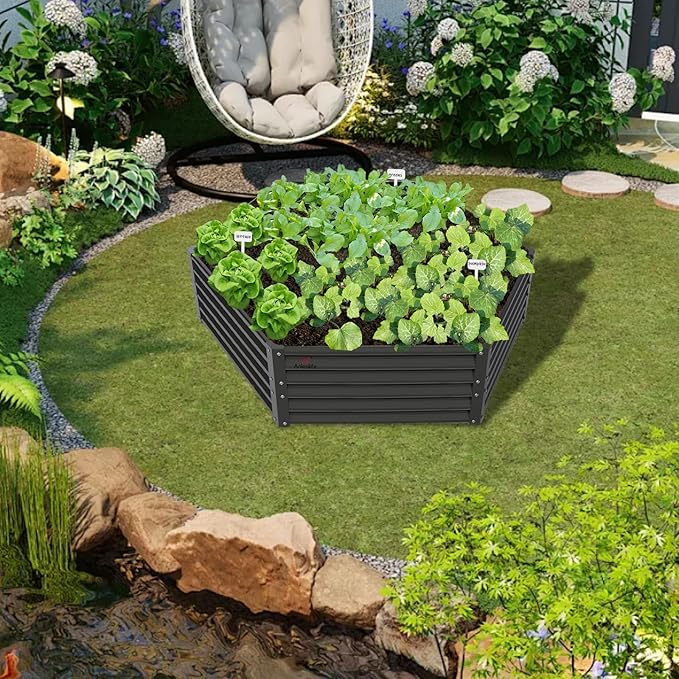 A ANLEOLIFE Hexagon Galvanized Metal Raised Garden Bed Outdoor, 70x60x18in Deep Metal Planter Box for Flowers, Herbs & Vegetables, 18'' Tall Decorative Raised Bed, Quartz Grey