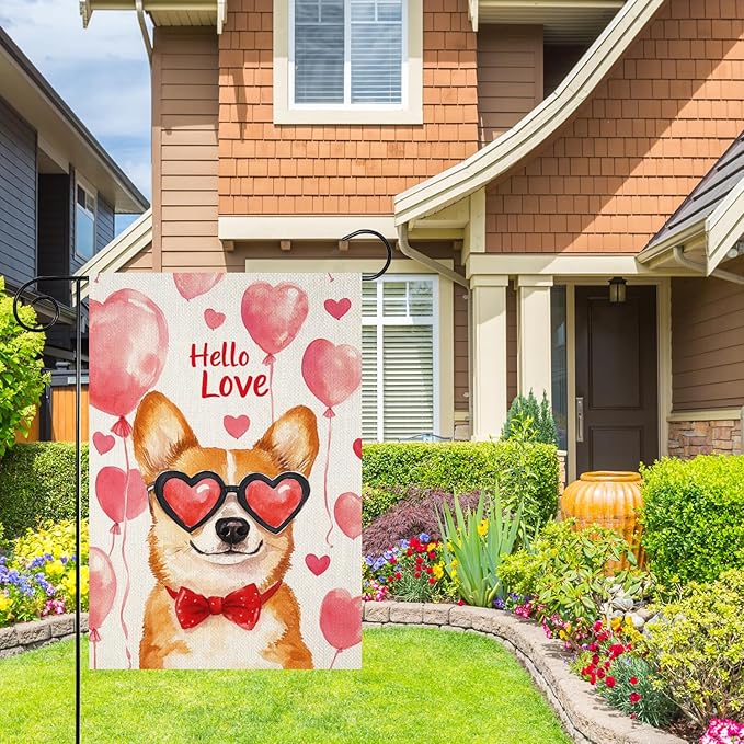 Valentine's Day Welsh-Corgi Hello Love Garden Flag, House Yard Plaid Love Heart Outside Decoration, Spring Holiday Wedding Anniversary Outdoor Small Decor 12x18(12648)