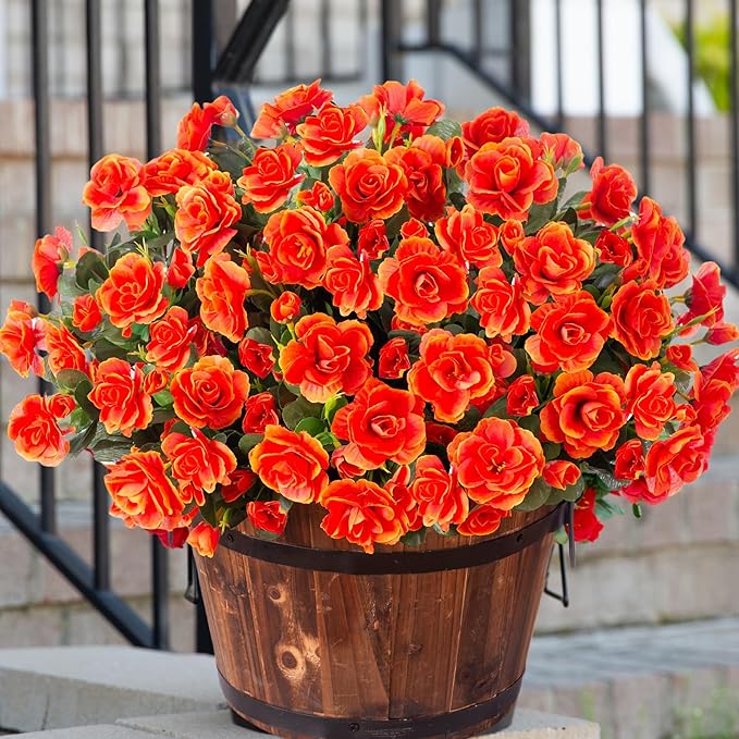 Artificial Faux Flowers Plants for Spring Outdoor Outside Decor, Fake Silk Orange Camellia UV Resistant Look Real for Autumn Planter Porch Patio Balcony Garden Yard Decoration, 3 Large Bundles