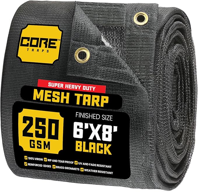 Core Tarps 60% Black Shade Cloth with Grommets - 6 X 8 FT Heavy Duty Mesh Tarp - Sun Shade Cloth for Garden Vegetables Plants Greenhouse Outdoors Backyard Fences Dump Trucks Patio Mesh Shade Tarp