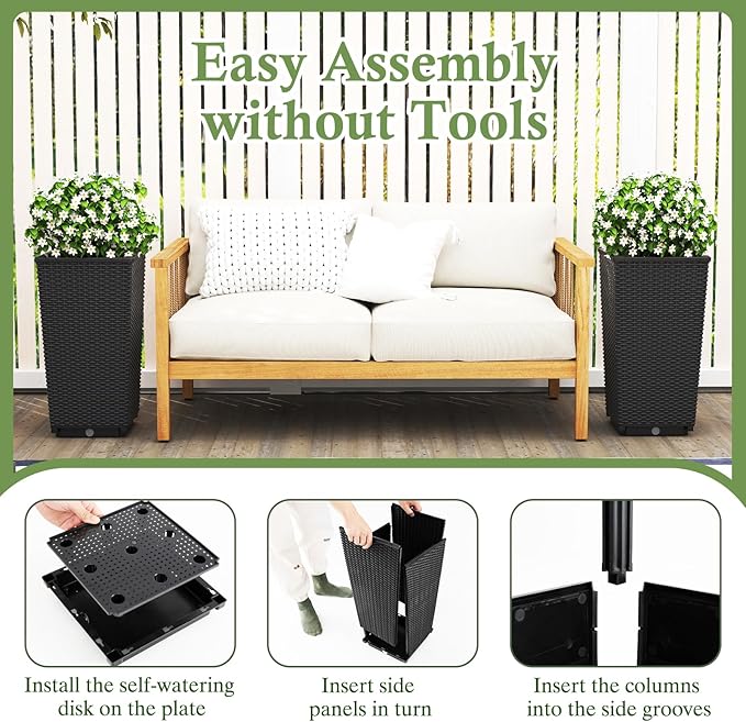Giantex Set of 2 Outdoor Wicker Flower Pot, 23 Inch Tall Planters with Drainage Hole, Self-Watering Tray, Rattan Flower Pots, Indoor Outdoor Decoration for Front Porch Balcony Entryway (Black)