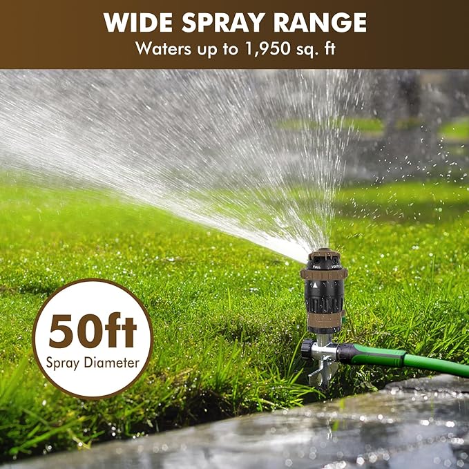 RESTMO Gear Drive Sprinkler with Metal Spike Base, 5-Pattern Heavy Duty Gardening Watering System, Multi-Adjustable Lawn Sprinkle for Garden Plant, Flower Bed and Large Yard Area Watering, Brown
